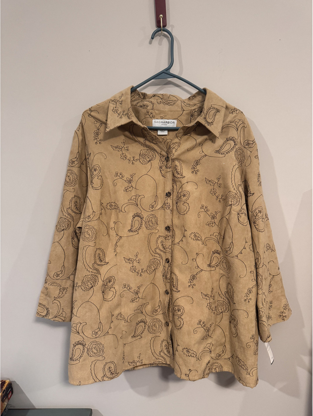 NWT Vintage Sag Harbor 1x Button Down Shirt Camel Tan Paisley Line Art Blouse